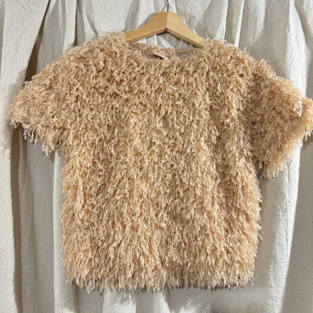 Zara Shaggy Fringe Short Sleeve Top Peach Textured Kids 11-12 Fits Women XS‎ S